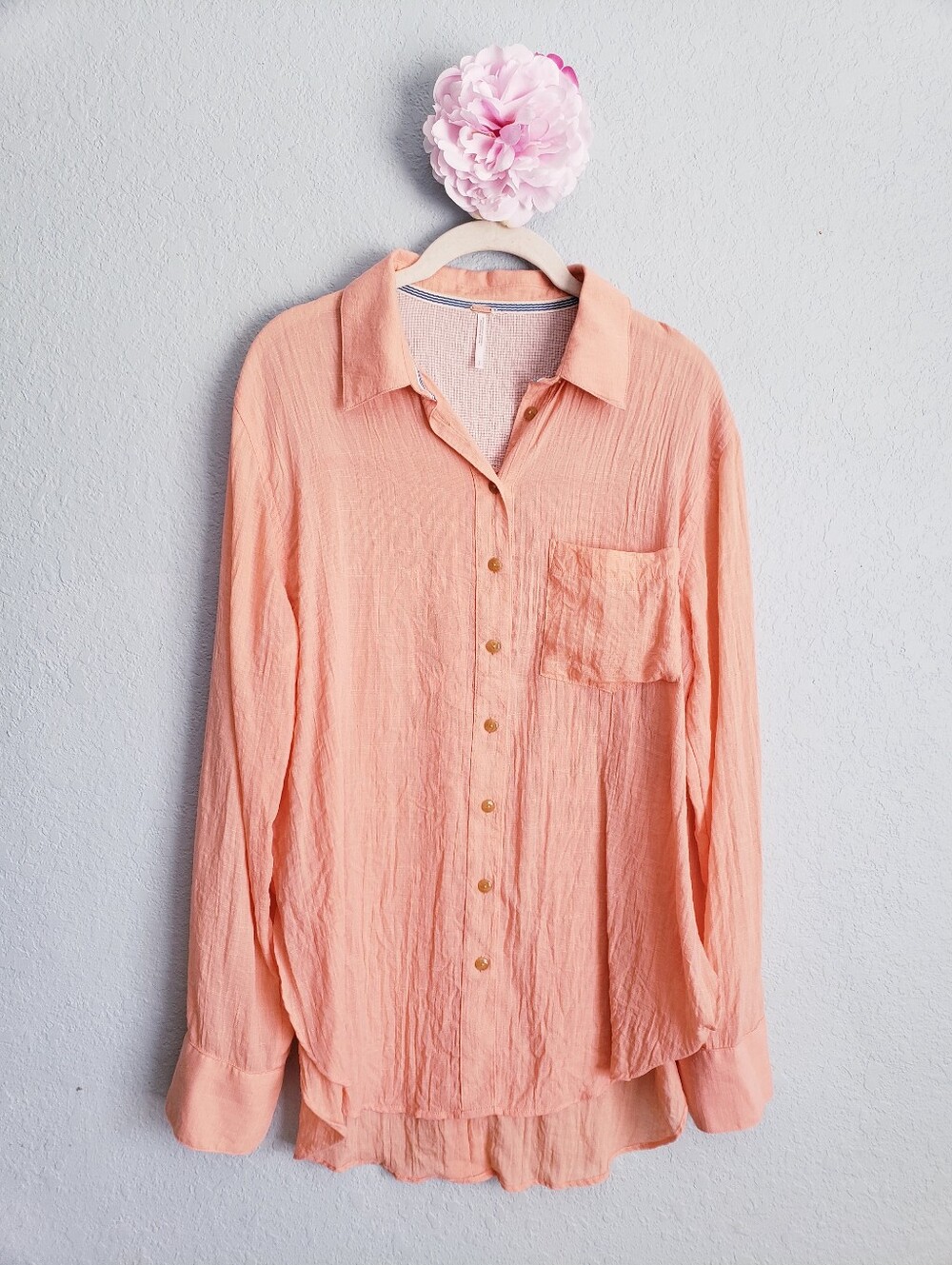 Free People Peach Gauze Button Down Shirt Top